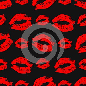 Seamless pattern lipstick kiss on black background. Bright red Lips prints vector illustration. Perfect for Valentines day