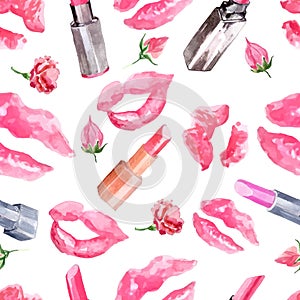 Seamless pattern with a lipstick kiss prints