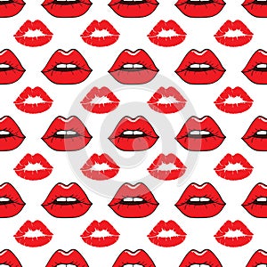 Seamless pattern with a lipstick kiss prints on white background.