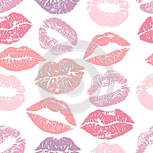 Seamless pattern with lipstick kisses. Colorful lips of gentle purple and pink shades isolated on a white background.
