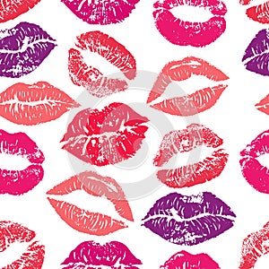 Seamless pattern with lipstick kisses. Colorful lips of red purple and pink shades isolated on a white background.fabric print, wr