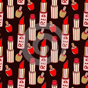 Seamless pattern with lipstick and nail varnishes