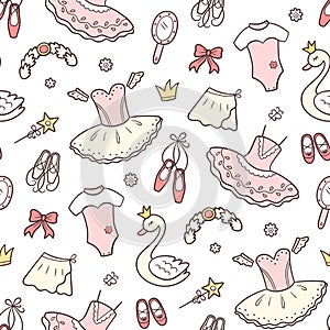 Seamless pattern for little ballerina with ballet accessories. Hand drawn tutu, pointes, ballet dress, swan, crown.