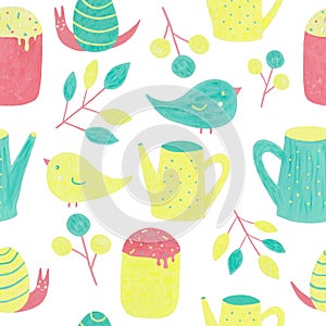 Seamless pattern with little birds, spring branches, watering can and easter cakes. Gouache and acrylic hand drawn elements. For