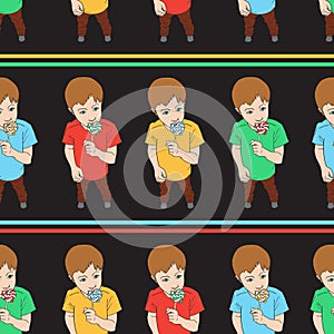 Seamless pattern of Little boy holding lollipop candy. Kid eating sweet. Vector background isolated on black