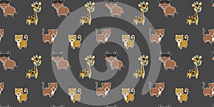 Seamless pattern of little cartoon stylized leopards, giraffes, buffalos, and South American noses with white outlines on a dark b