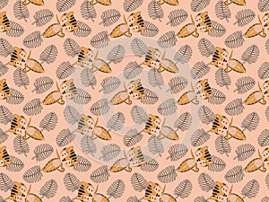 Seamless pattern of little cheerful cartoon tiger cubs in Vasishthasana asanas and black contour palm leaves on a pinkish beige ba