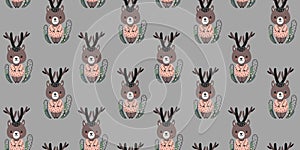 Seamless pattern of little cute cartoon deer girls in a short pink dresses and flowering plants on a gray background. Vector.