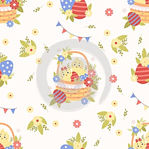 Seamless pattern with little cute chicks in Easter basket with eggs and flowers on white background. Vector illustration