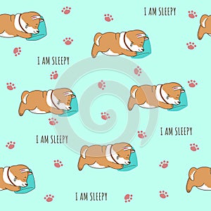 Seamless pattern with a little cute corgi dog is sleeping on a soft pillow.