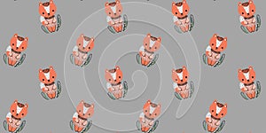 Seamless pattern of little cute foxes in pink sweaters and grass on a gray background. Vector.