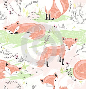 Seamless pattern with little foxes. Cute spring background