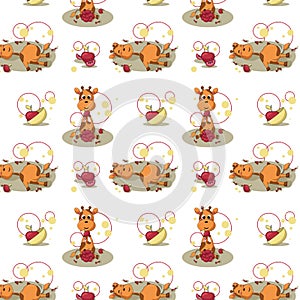 seamless pattern with little giraffes apples and basket