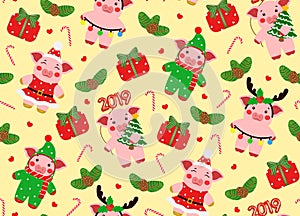 Seamless pattern little pig character happy new year