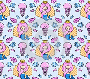 Seamless pattern with little princess mermaid, surrounded by fish. Under the sea.