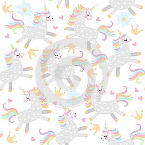 Seamless pattern with little unicorns, crowns,hearts and daisy flowers on white background in vector