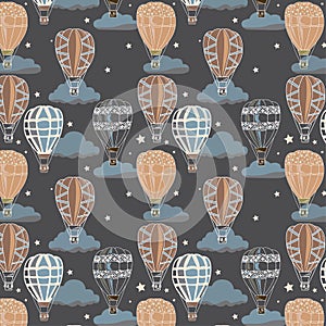 Seamless pattern of liver chestnut, almond, tan crayola color hot air balloon with pewter blue color clouds and almond color stars