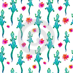 Seamless pattern with lizard and flowers. Watercolor hand drawn illustration
