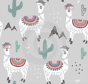 Seamless pattern with llama and cactus. vector illustration for fabric, textile,wallpaper.