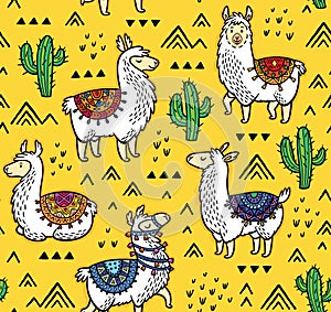 Seamless pattern of llamas, cactuses and geometric mountains.