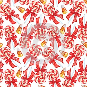 Seamless pattern with lollipops and caramels sweets. Lollipop clustered in a spiral, three-colored triangular caramels.