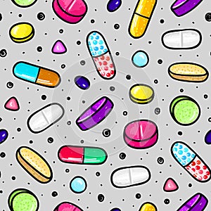 Seamless pattern with lot of pills and capsules. Medicine or dietary supplements. Healthy lifestyle. Alcohol markers