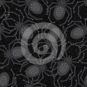 Seamless pattern with lots of spiders made of metallic black chain, thin spiderweb behind.