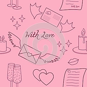 Seamless pattern `With love` - burgundy contour glasses, romantic candles, envelopes and love letters on a pink background. Vector