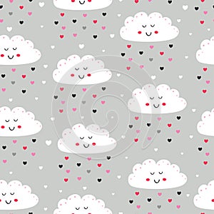 Seamless pattern with love clouds and dropping hearts