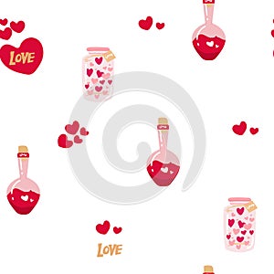 Seamless pattern with love potion bottle. Vector illustration. Design for Valentines Day. Love potion Hand draw cartoon