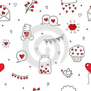 Seamless pattern with love symbols hearts, teddy bear. banner, romantic chat