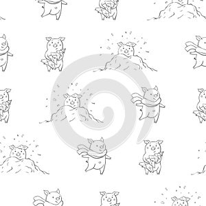 Seamless pattern with lovely cute cheerful piggies. Winter background in hand drawn style