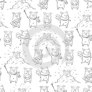 Seamless pattern with lovely cute cheerful piggies. Winter background in hand drawn style photo