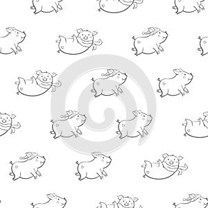 Seamless pattern with lovely cute cheerful piggies. Winter backgSeamless pattern with lovely cute cheerful piggies. Winter backgro photo