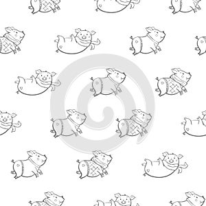Seamless pattern with lovely cute cheerful piggies. Winter backgSeamless pattern with lovely cute cheerful piggies. Winter backgro photo
