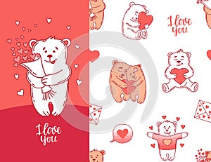 Seamless pattern with loving bears on a white background. Valentine`s card for the holiday. vector illustration