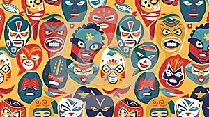 Seamless pattern with Lucha Libre wrestling masks icons set. Vector illustration in flat style. of different ethnicities.