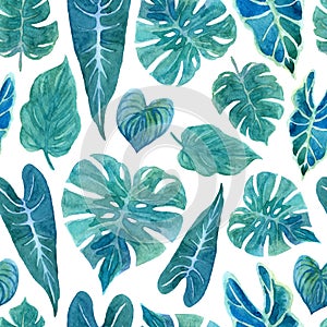 Seamless pattern with lush greenery of tropical plants