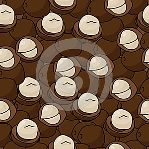 Seamless pattern of macadamia nuts in shell and without on a dark brown background