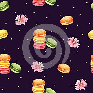 Seamless Pattern Macaroon and Pink Flower for Packaging ,Brown background for children clothing. Watercolor Hand drawn