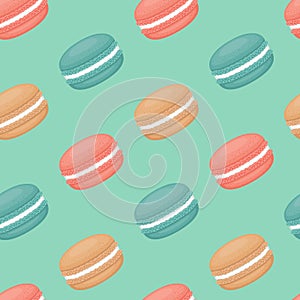 Seamless pattern with macaroons. Colorful macarons cake. Flat st