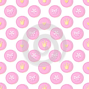 Seamless pattern of macaroons with crown, sakura flowers, bow and heart.