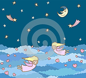 Seamless pattern made from cartoon flying girl with heart