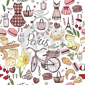 Seamless pattern made of different symbols related to France, travelling and Paris. Red and brown color. Endless texture for