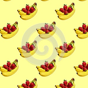 Seamless pattern made with fresh bananas and strawberrys.