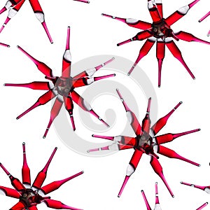 Seamless pattern made of glass ampoules with a red  medicine  glued together in  snowflake shape isolated