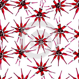 Seamless pattern made of glass ampoules with a red  medicine  glued together in  snowflake shape isolated