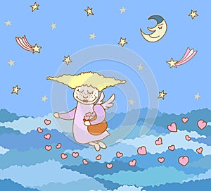 seamless pattern made from little cartoon flying girl with heart