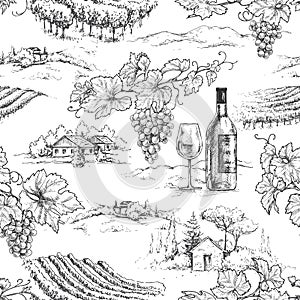 Seamless pattern made with monochrome hand drawn grape branches, bottle and glass on rural scene background. Winemaking theme