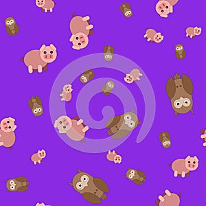 Seamless pattern made of owls and pigs